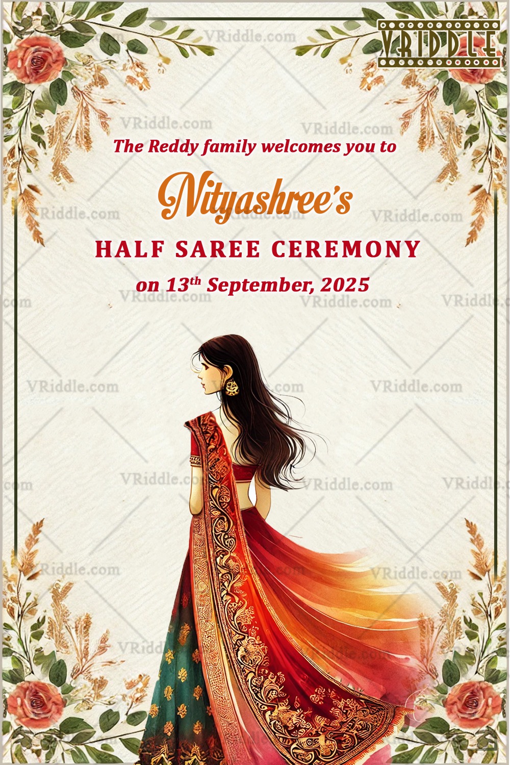 Graceful Elegance Half Saree Ceremony Welcome Poster with Floral Borders