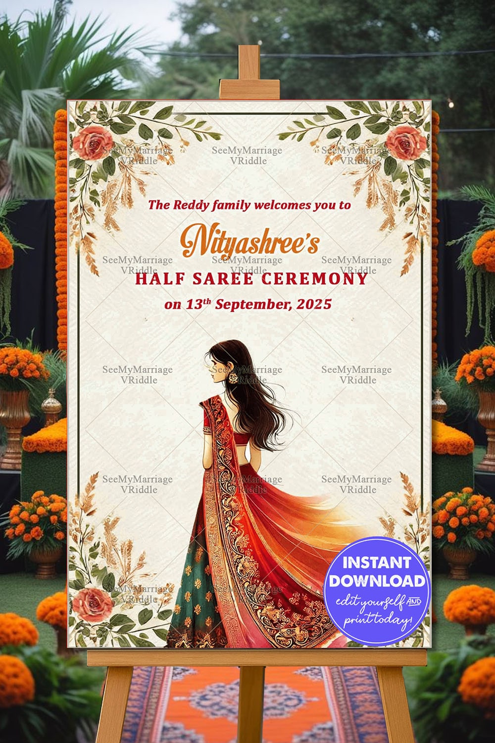Graceful Elegance Half Saree Ceremony Welcome Poster with Floral Borders