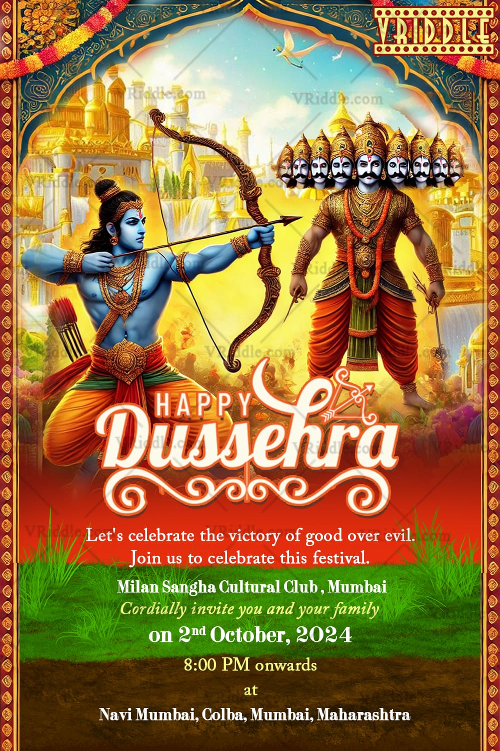 Grand Dusshera Festival Invitation Card with Lord Rama and Ravana Illustration
