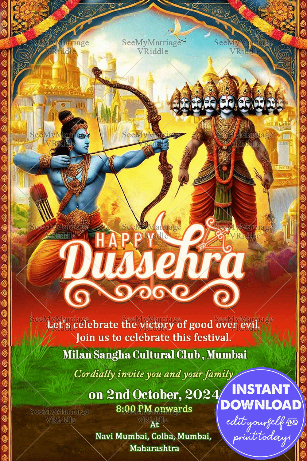 Grand Dusshera Festival Invitation Card with Lord Rama and Ravana Illustration