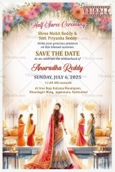 Grand Floral Mandap Theme Half Saree Ceremony Invitation Card with Family Illustration