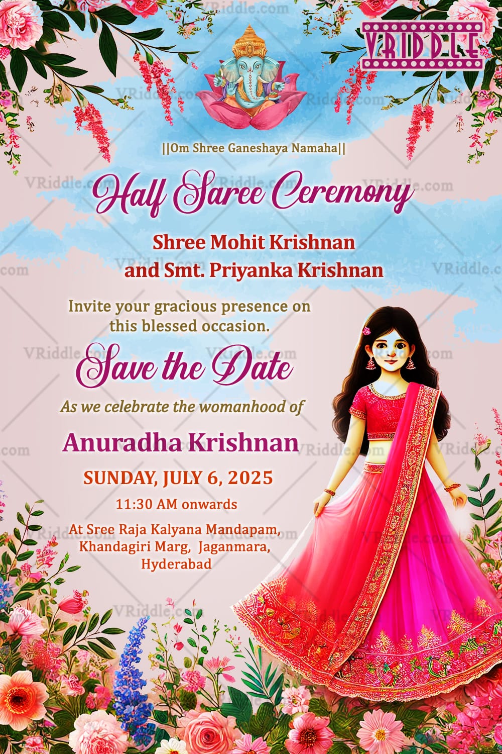 Grand Half Saree Ceremony Invitation Card with Cute Cartoon Girl Character and Pink Floral Decor