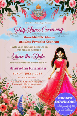 Grand Half Saree Ceremony Invitation Card with Cute Cartoon Girl Character and Pink Floral Decor