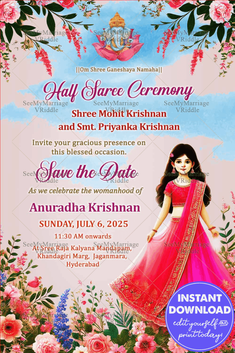 Grand Half Saree Ceremony Invitation Card with Cute Cartoon Girl Character and Pink Floral Decor