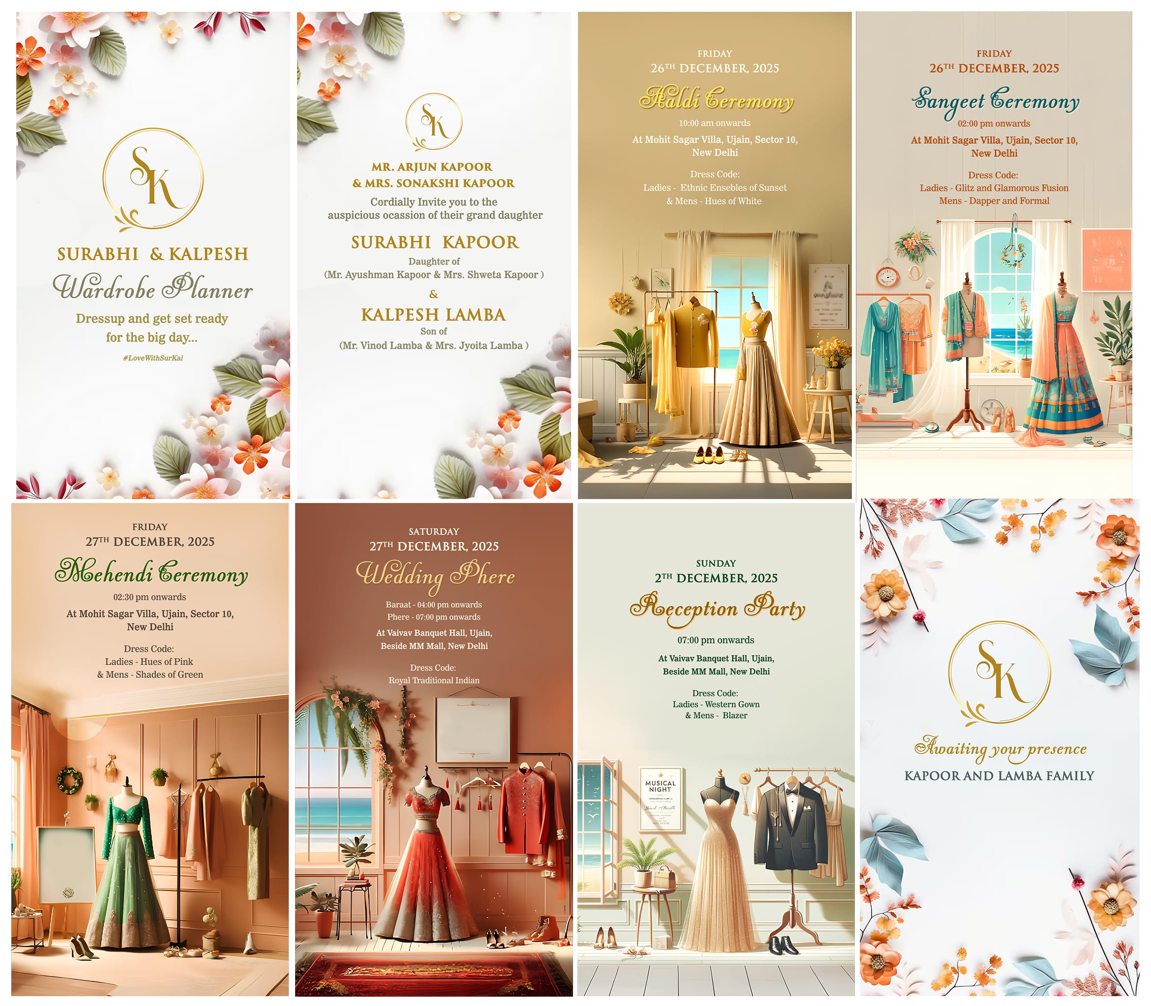 Grand Wedding Wardrobe Planner Collage Card with Floral Accents and Multiple Events Included