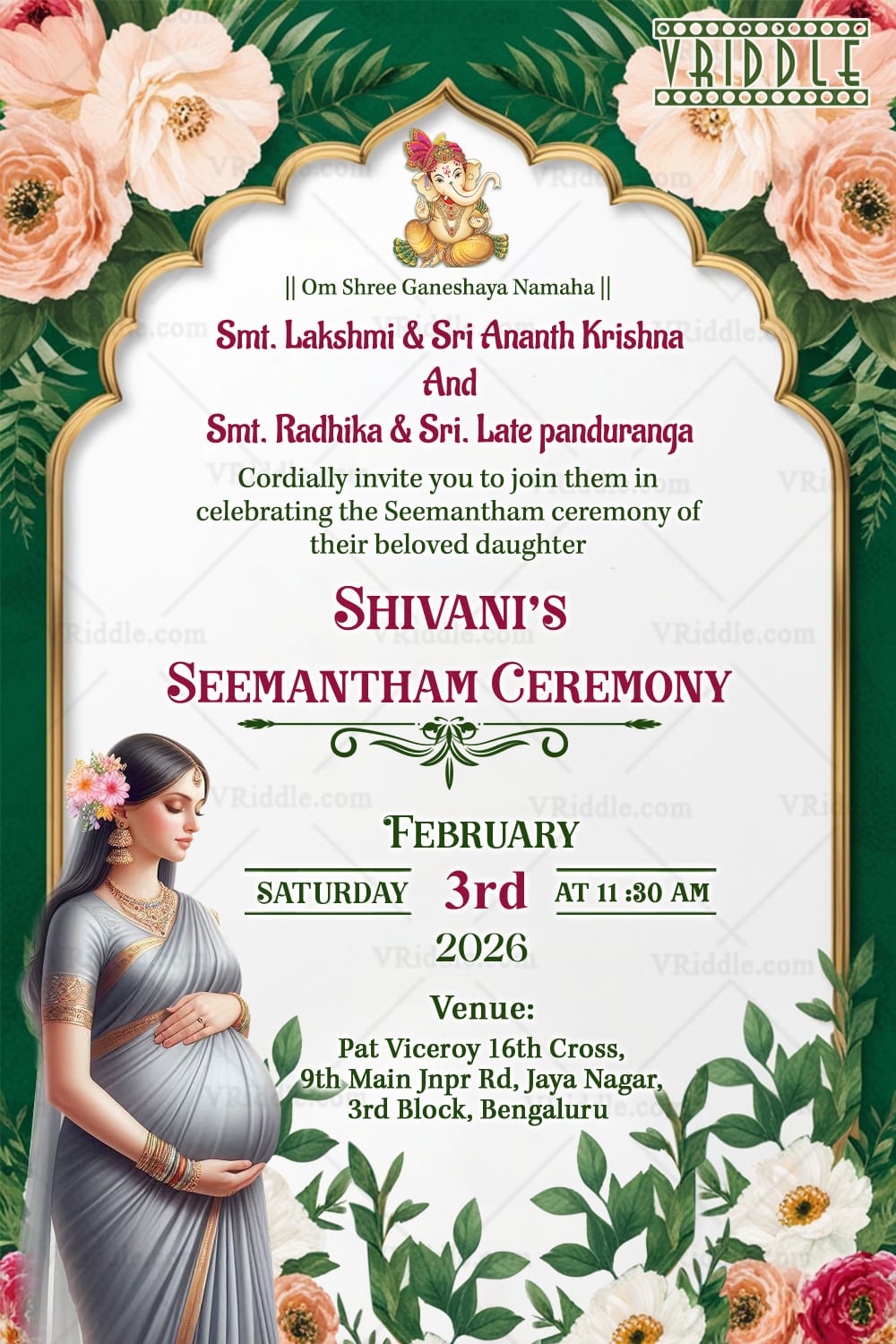 Green Garden Theme Seemantham Ceremony Invitation Card with Floral Background