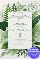 Green Leaf Serenity Housewarming Party Invitation Card with White Theme Background