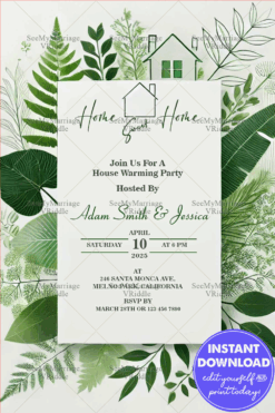 Green Leaf Serenity Housewarming Party Invitation Card with White Theme Background
