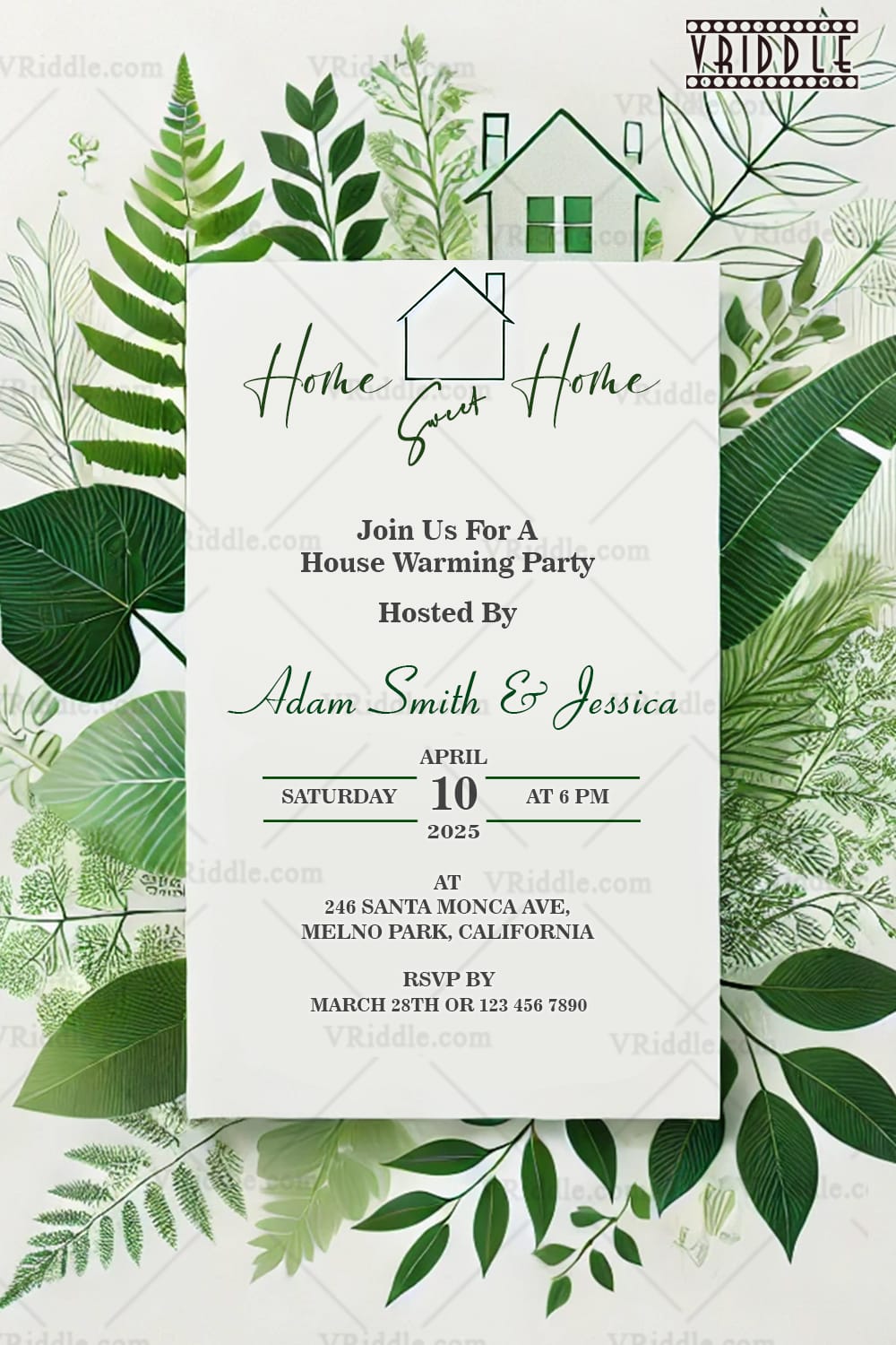 Green Leaf Serenity Housewarming Party Invitation Card with White Theme Background