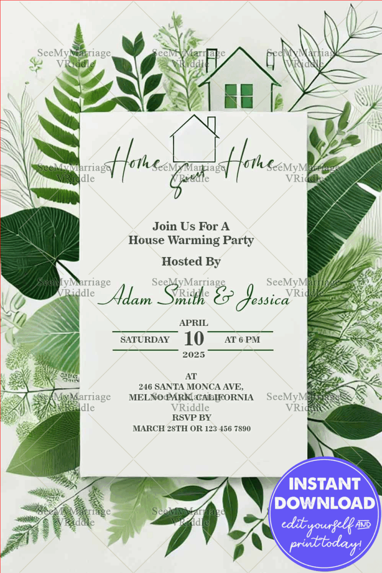 Green Leaf Serenity Housewarming Party Invitation Card with White Theme Background
