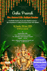 Green Theme Griha Pravesh Ceremony Invitation Card with Ganesha Illustration and Traditional Elements