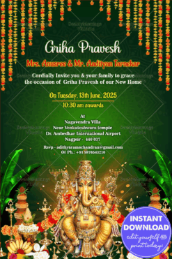 Green Theme Griha Pravesh Ceremony Invitation Card with Ganesha Illustration and Traditional Elements