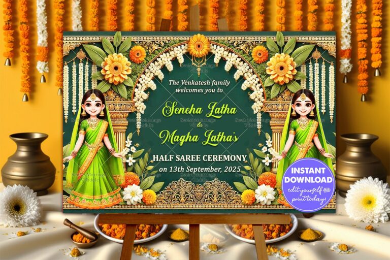 Green Theme Half Saree Ceremony Welcome Poster with Two Cartoon Sisters Character