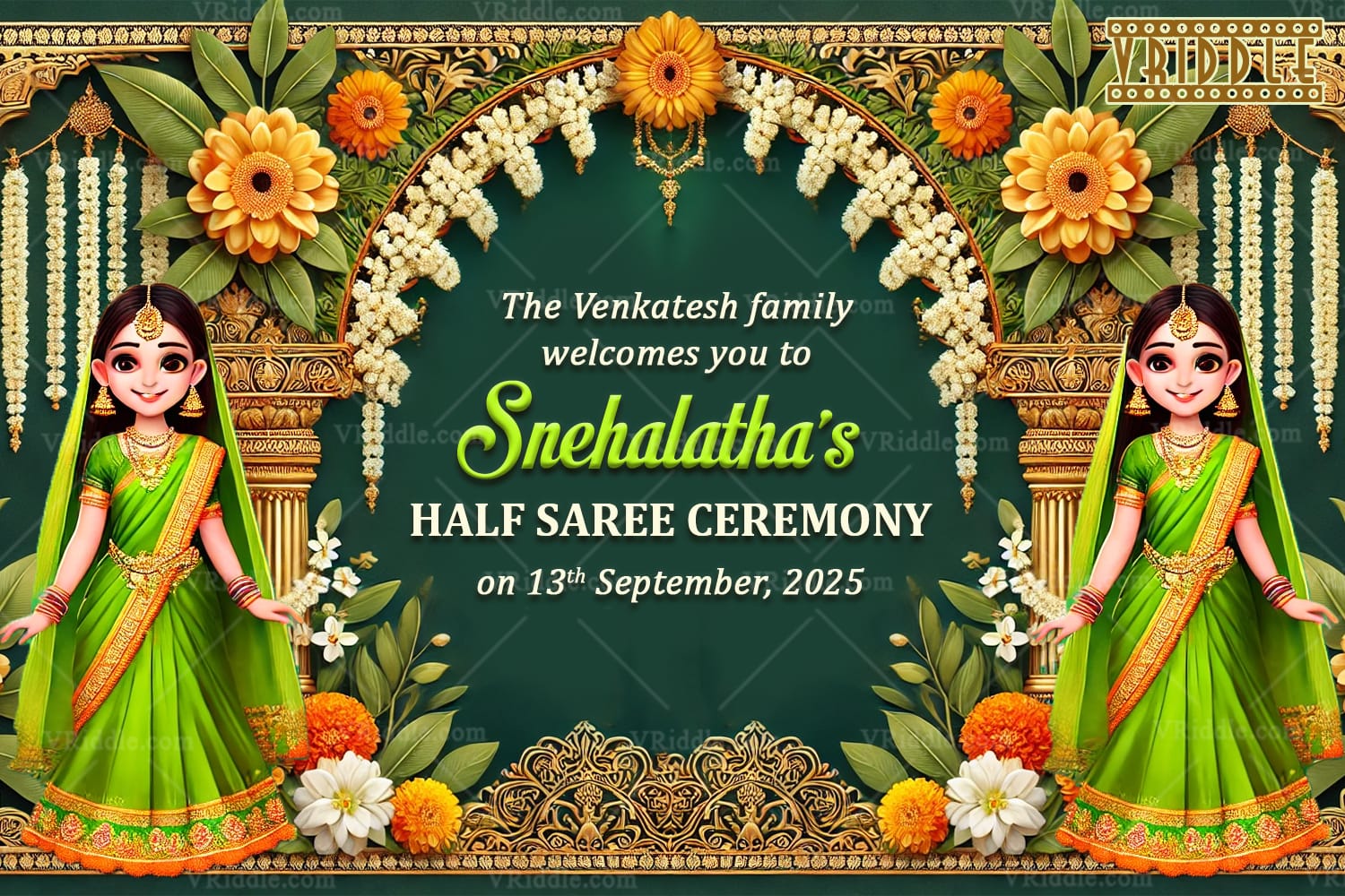 Green Theme Half Saree Ceremony Welcome Poster with Two Cartoon Sisters Character