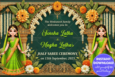 Green Theme Half Saree Ceremony Welcome Poster with Two Cartoon Sisters Character-min