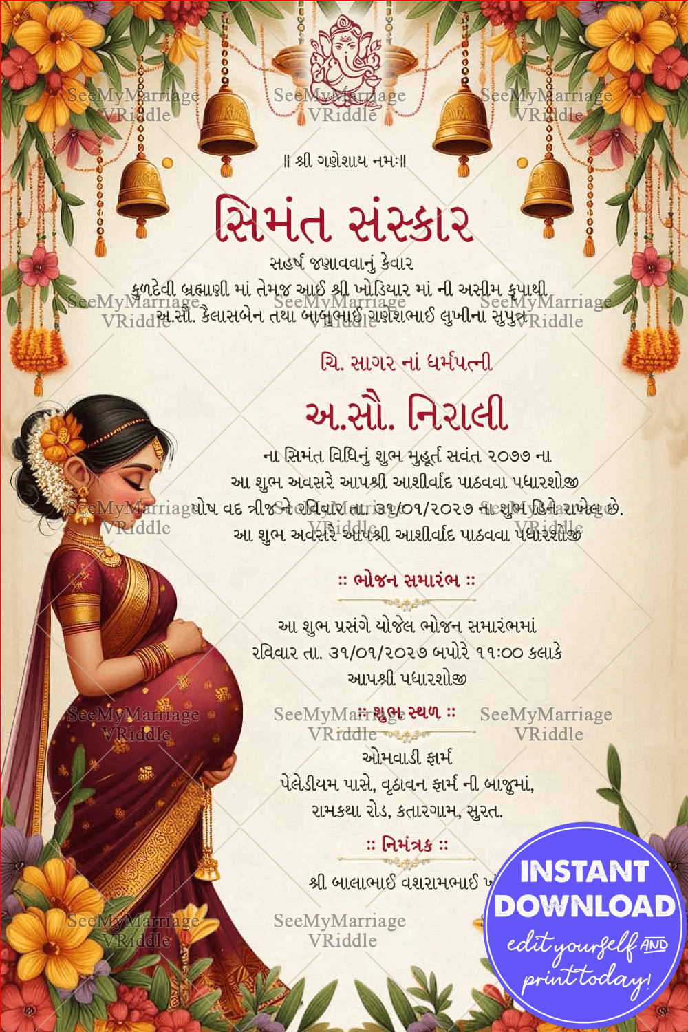 Gujarati Baby Shower Invitation Card with Floral Backdrop