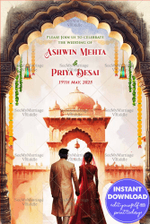 Gujarati Wedding Ceremony Welcome Poster with Backturned Couple Illustration