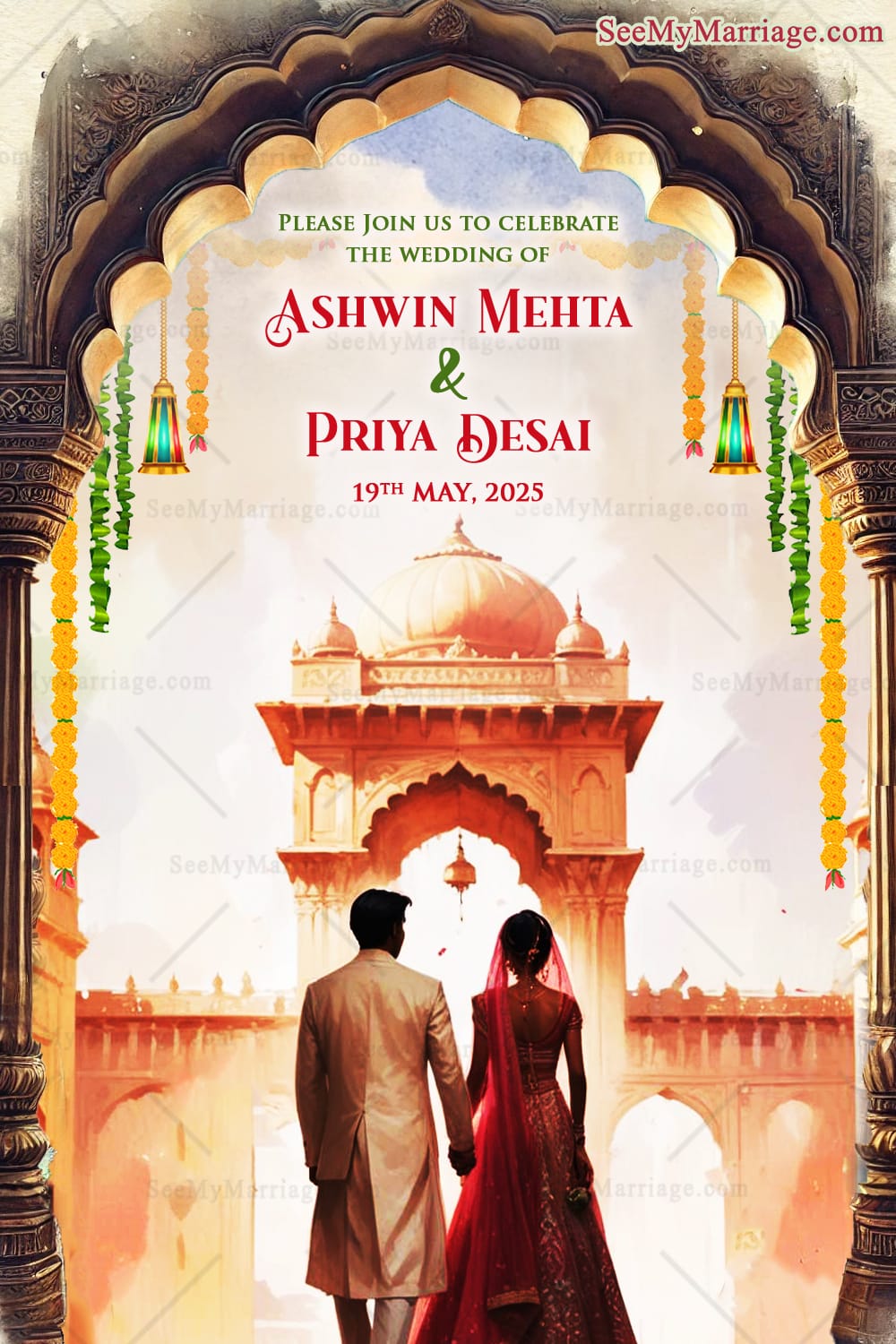 Gujarati Wedding Ceremony Welcome Poster with Backturned Couple Illustration