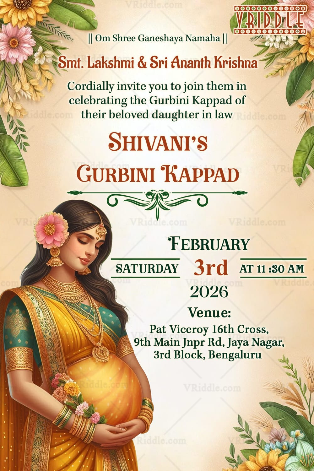 Gurbini Kappad Ceremony Invitation Card with Blossom Theme Background