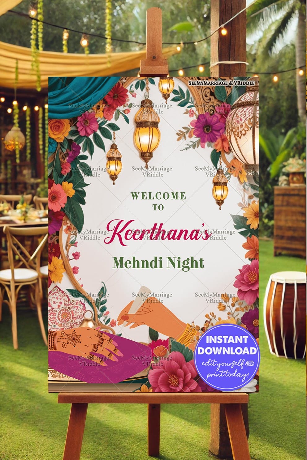 Floral Radiance Mehndi Night Welcome Poster with Lanterns Decor