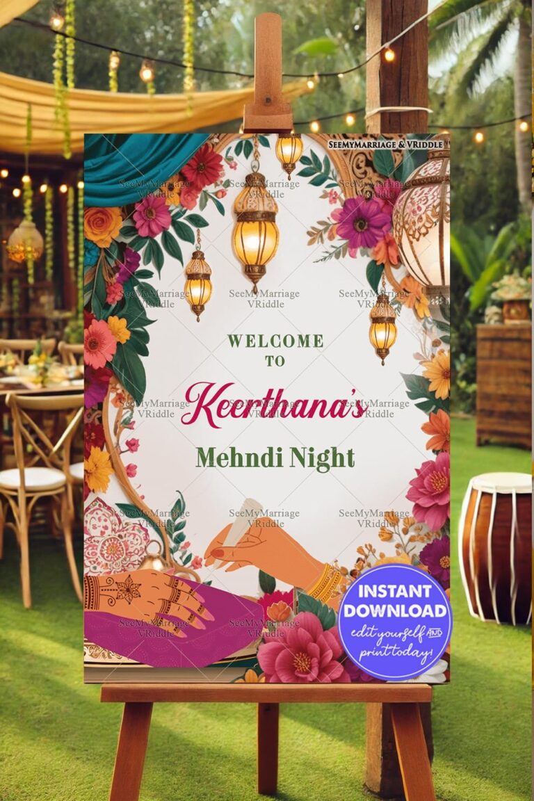 Floral Radiance Mehndi Night Welcome Poster with Lanterns Decor