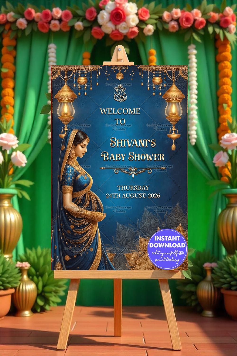 Lanterns Decor Baby Shower Welcome Poster with Blue Theme Background Mockup