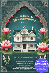 Lotus Themed Housewarming Party Invitation Card with Archway Design