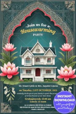 Lotus Themed Housewarming Party Invitation Card with Archway Design
