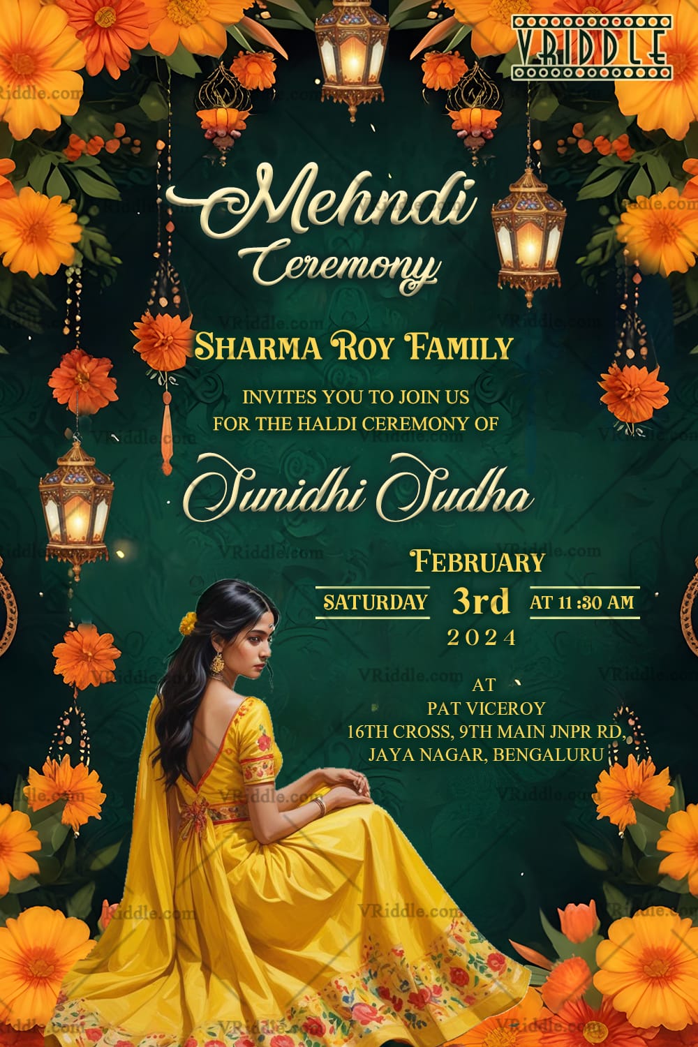 Luminous Lanterns Mehndi Ceremony Invitation Card with Green Theme