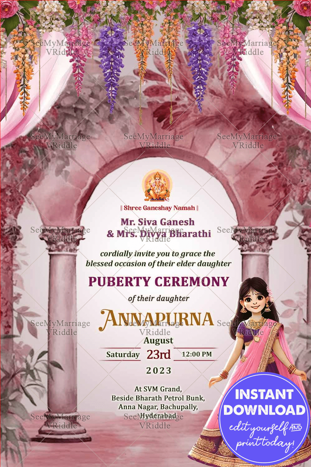 Lush Floral Archway Puberty Ceremony Invitation Card with Cute Cartoon Girl Illustration