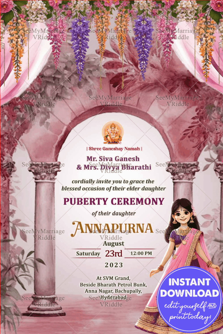 Lush Floral Archway Puberty Ceremony Invitation Card with Cute Cartoon Girl Illustration