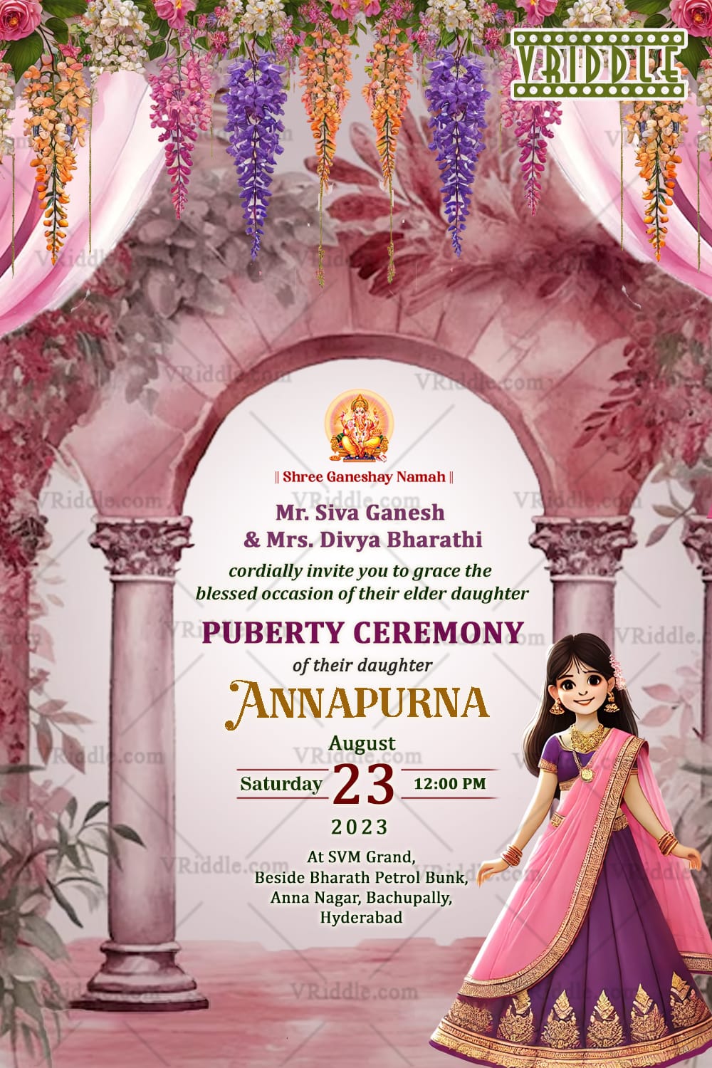 Lush Floral Archway Puberty Ceremony Invitation Card with Cute Cartoon Girl Illustration