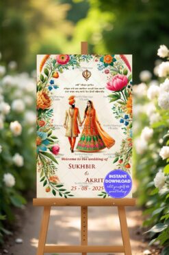 Lush Floral Bliss Theme Punjabi Wedding Ceremony Welcome Poster