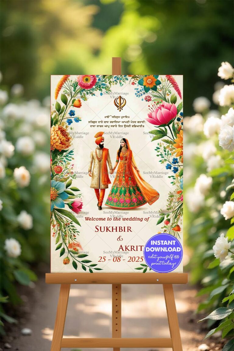 Lush Floral Bliss Theme Punjabi Wedding Ceremony Welcome Poster