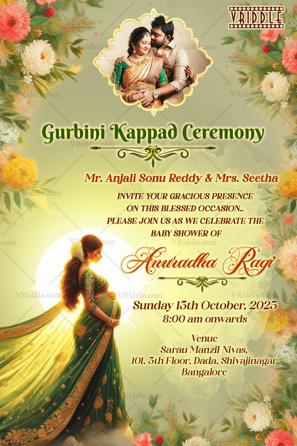 Lush Garden Floral Theme Gurbini Kappad Ceremony Invitation Card with Add Couple Photo Background