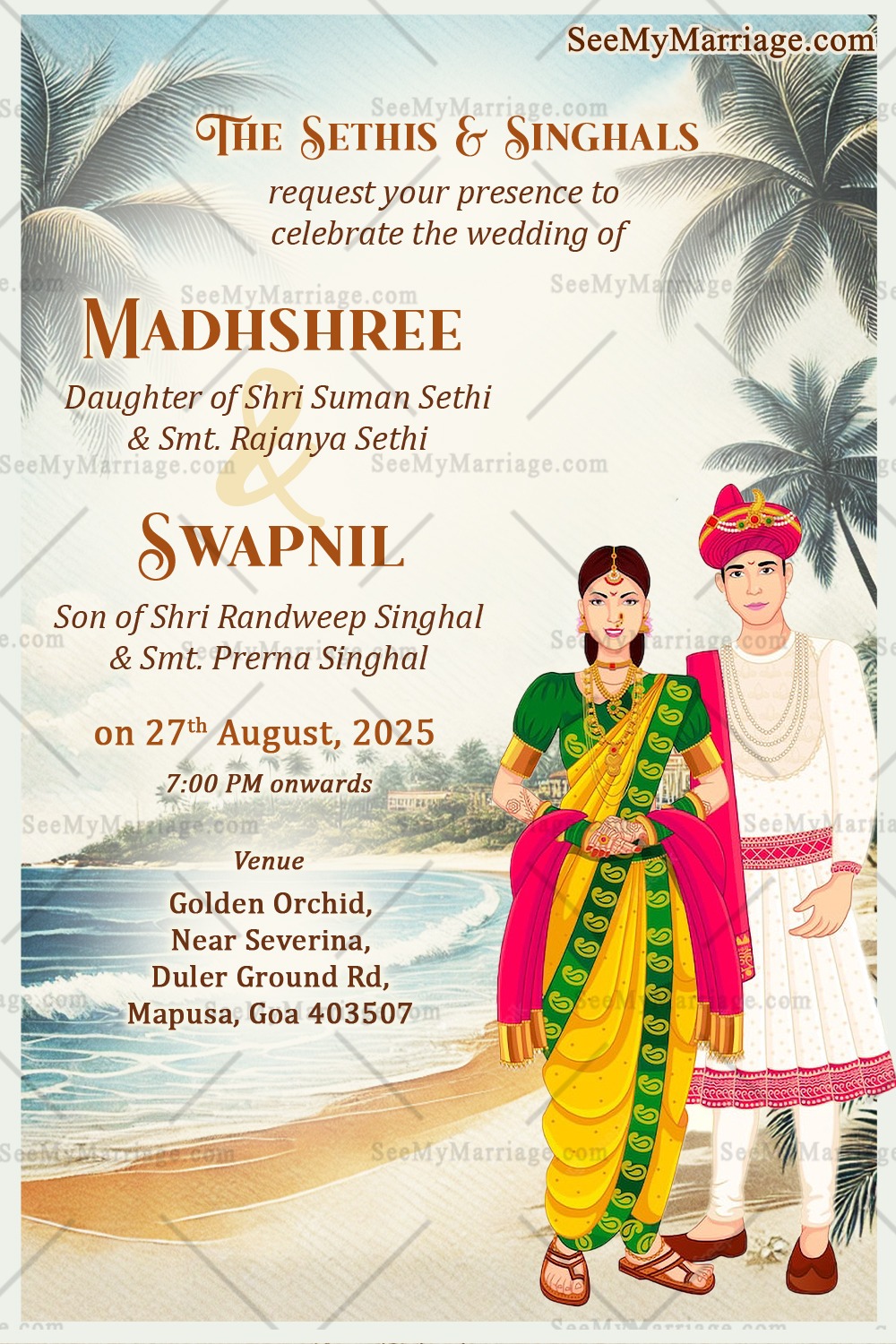 Beachfront Bliss Marathi Wedding Invitation Card with Traditional Couple Illustration