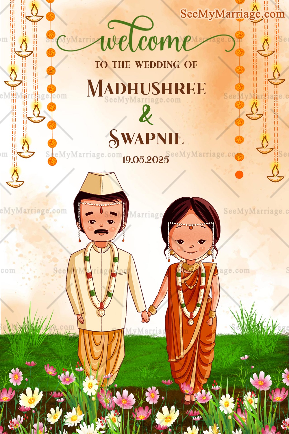 Cartoon Couple Theme Marathi Wedding Welcome Poster
