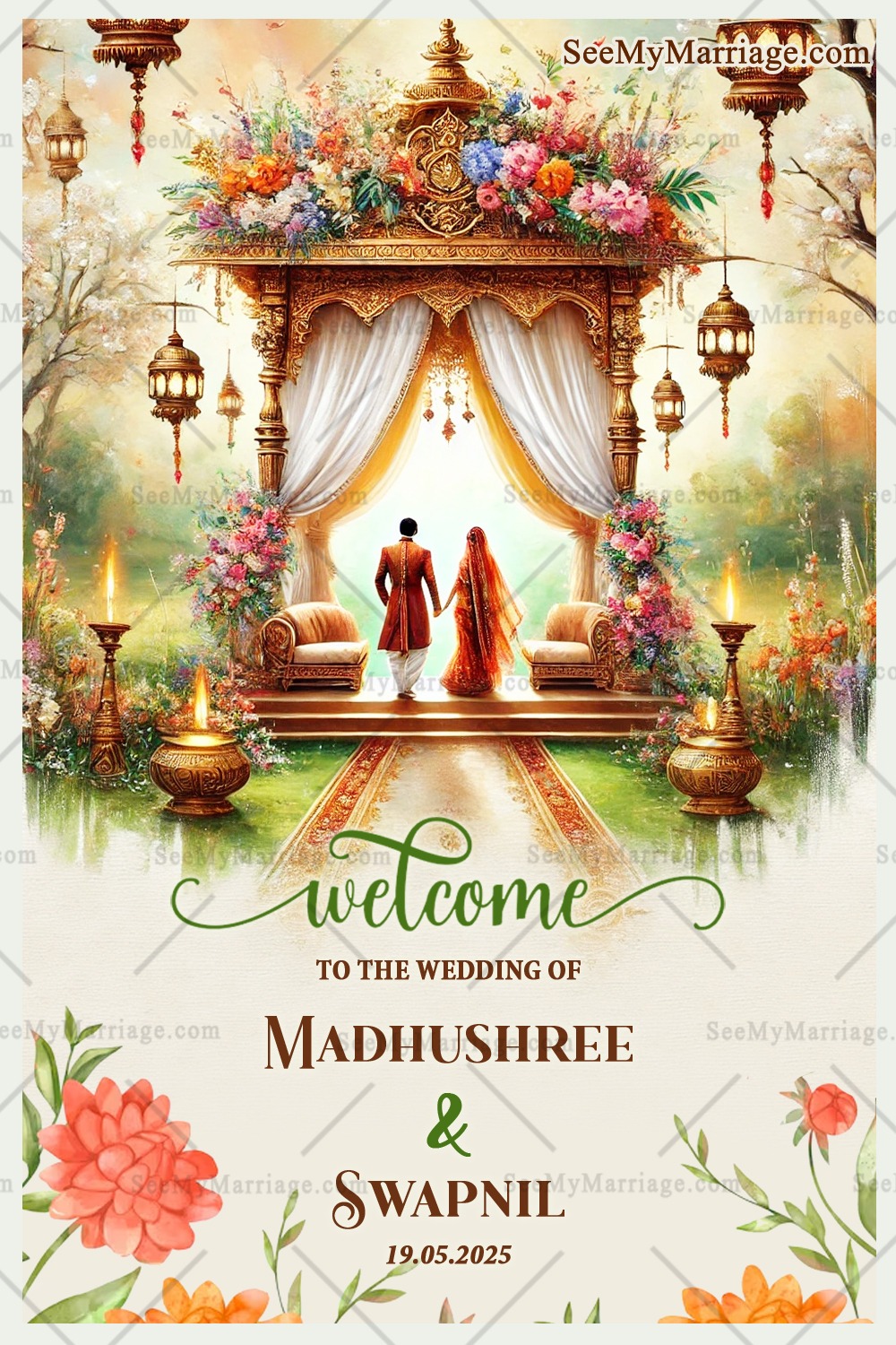 Enchanted Garden Theme Marathi Wedding Welcome Poster with Mandap Background