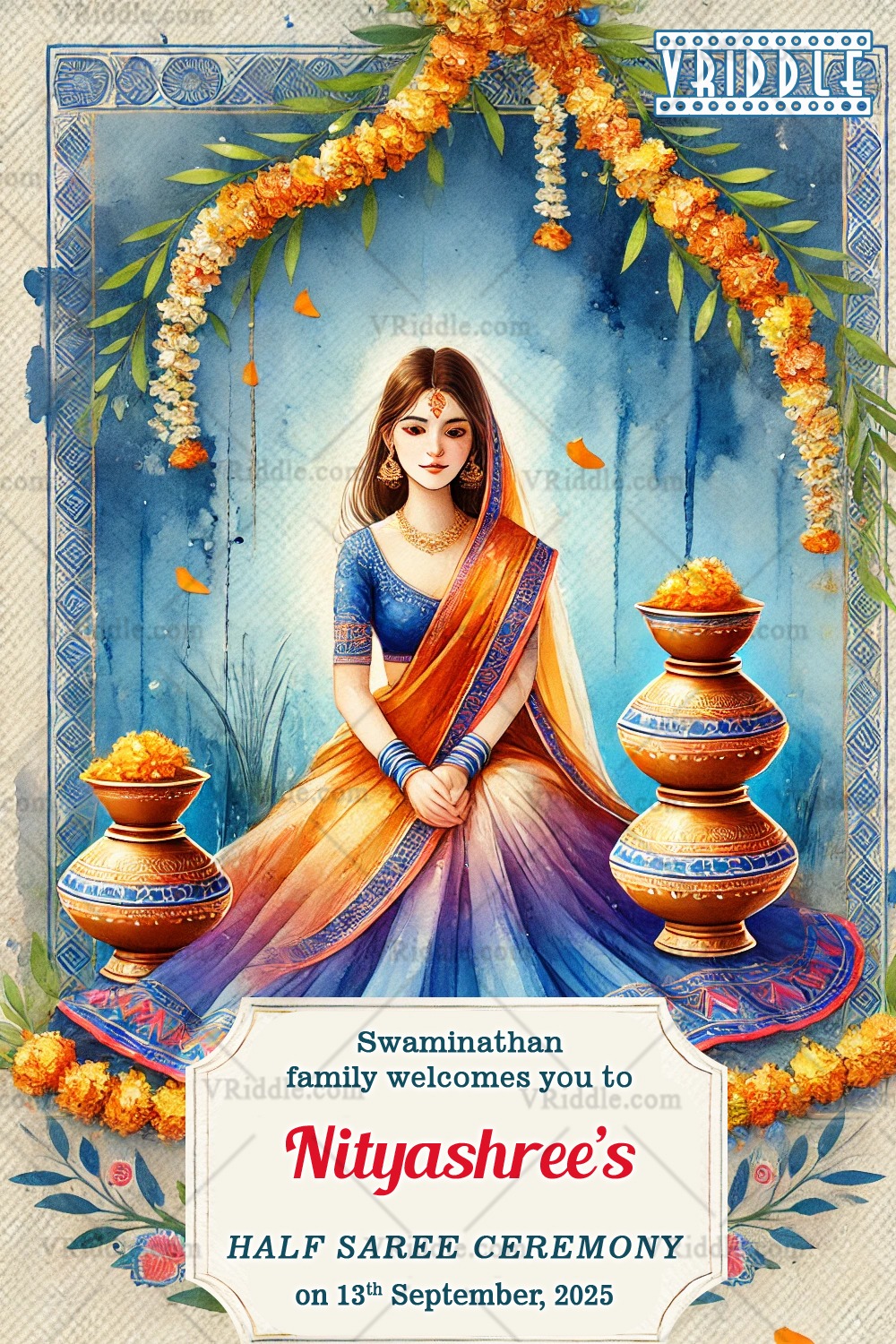 Marigold Garland Theme Half Saree Ceremony Welcome Poster with Watercolor Style