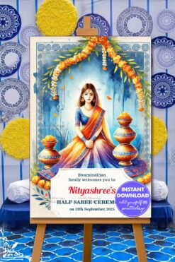 Marigold Garland Theme Half Saree Ceremony Welcome Poster with Watercolor Style