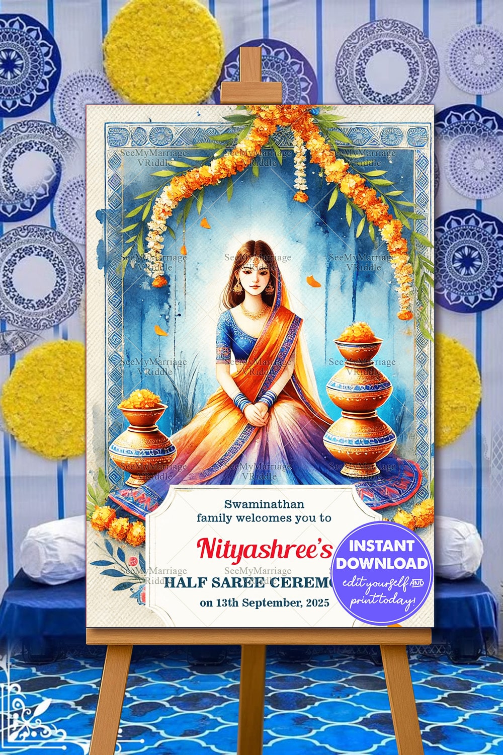 Marigold Garland Theme Half Saree Ceremony Welcome Poster with Watercolor Style
