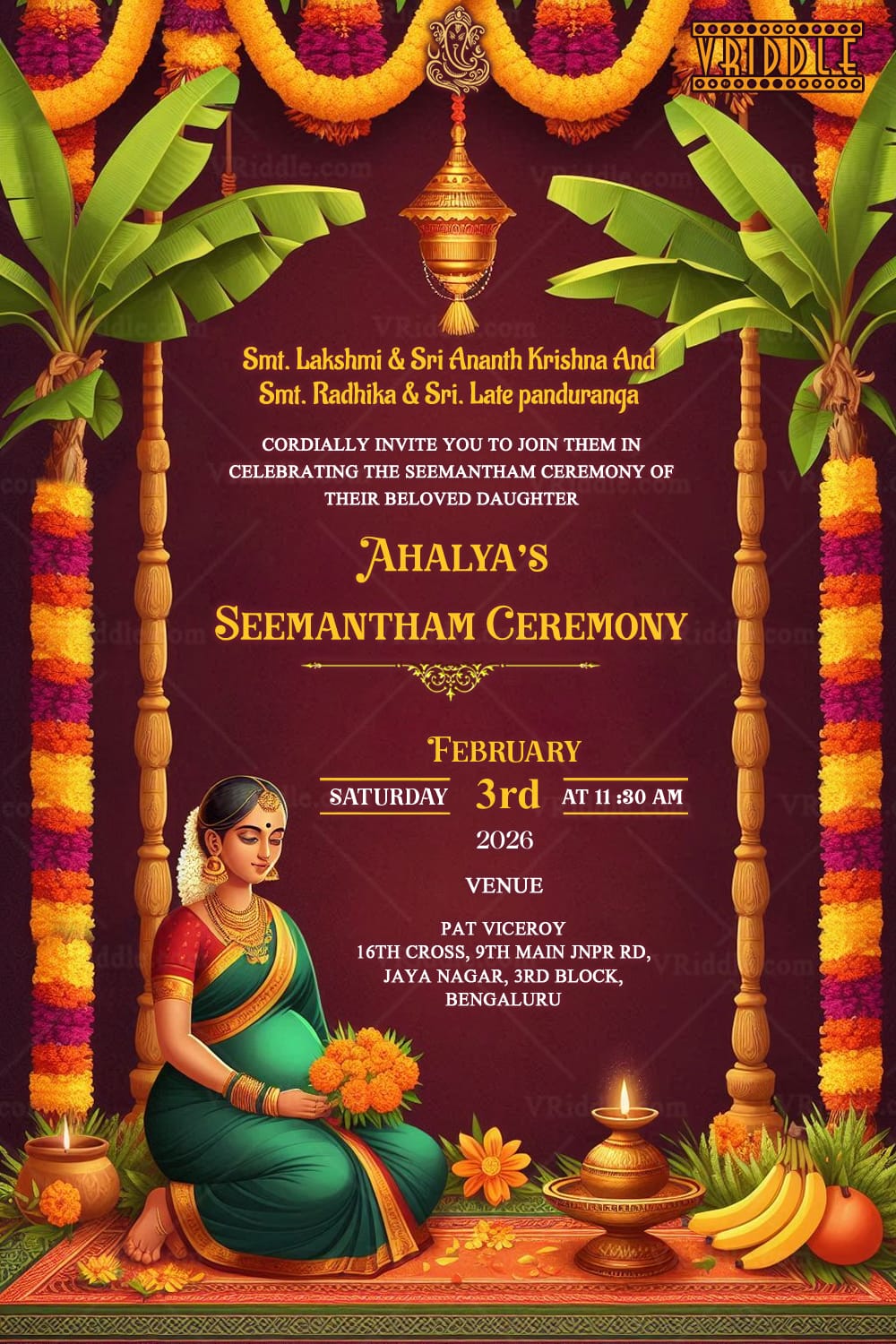 Marigold Garlands Theme Seemantham Ceremony Invitation Card with Lush Banana Leaves Decor
