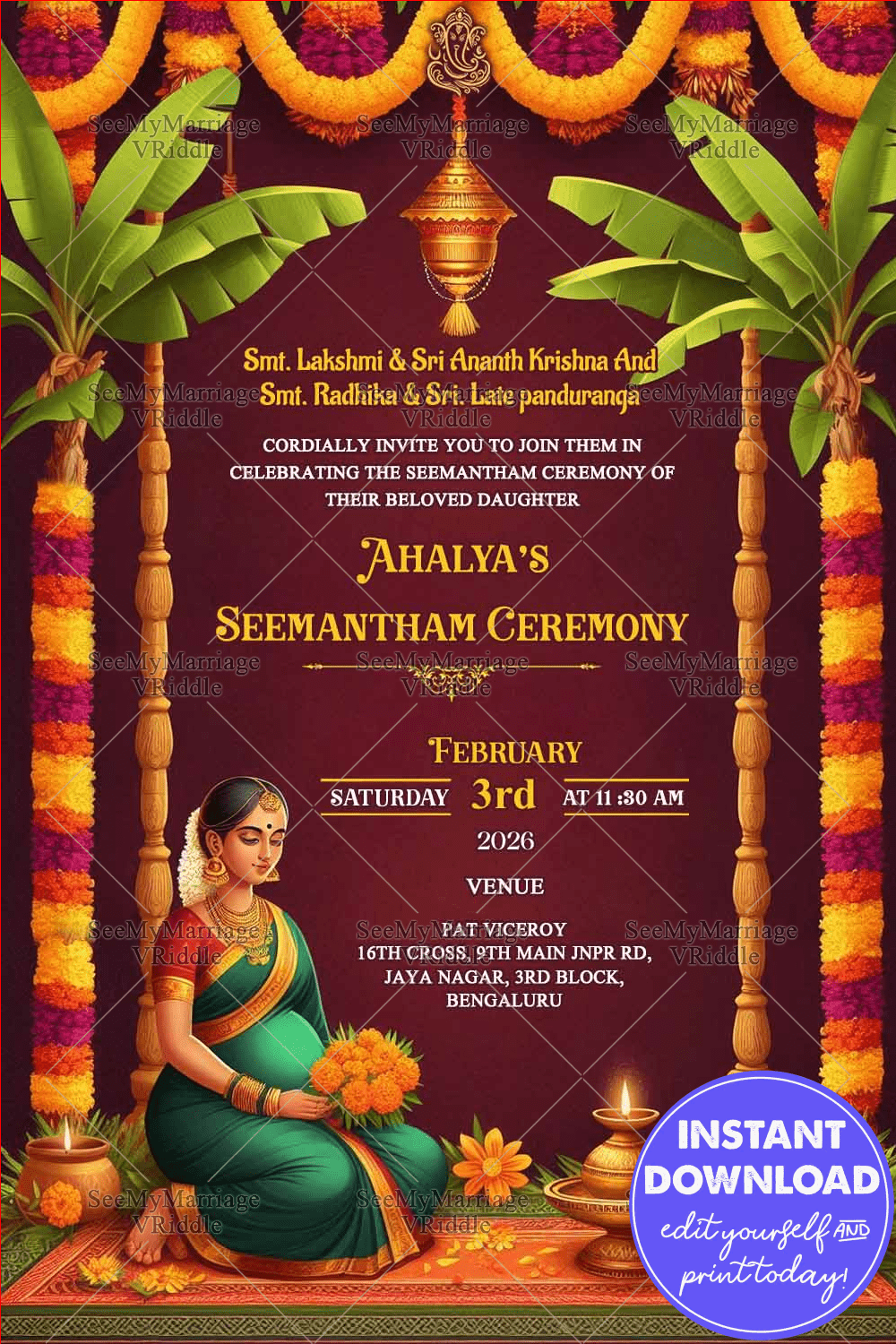 Marigold Garlands Theme Seemantham Ceremony Invitation Card with Lush Banana Leaves Decor