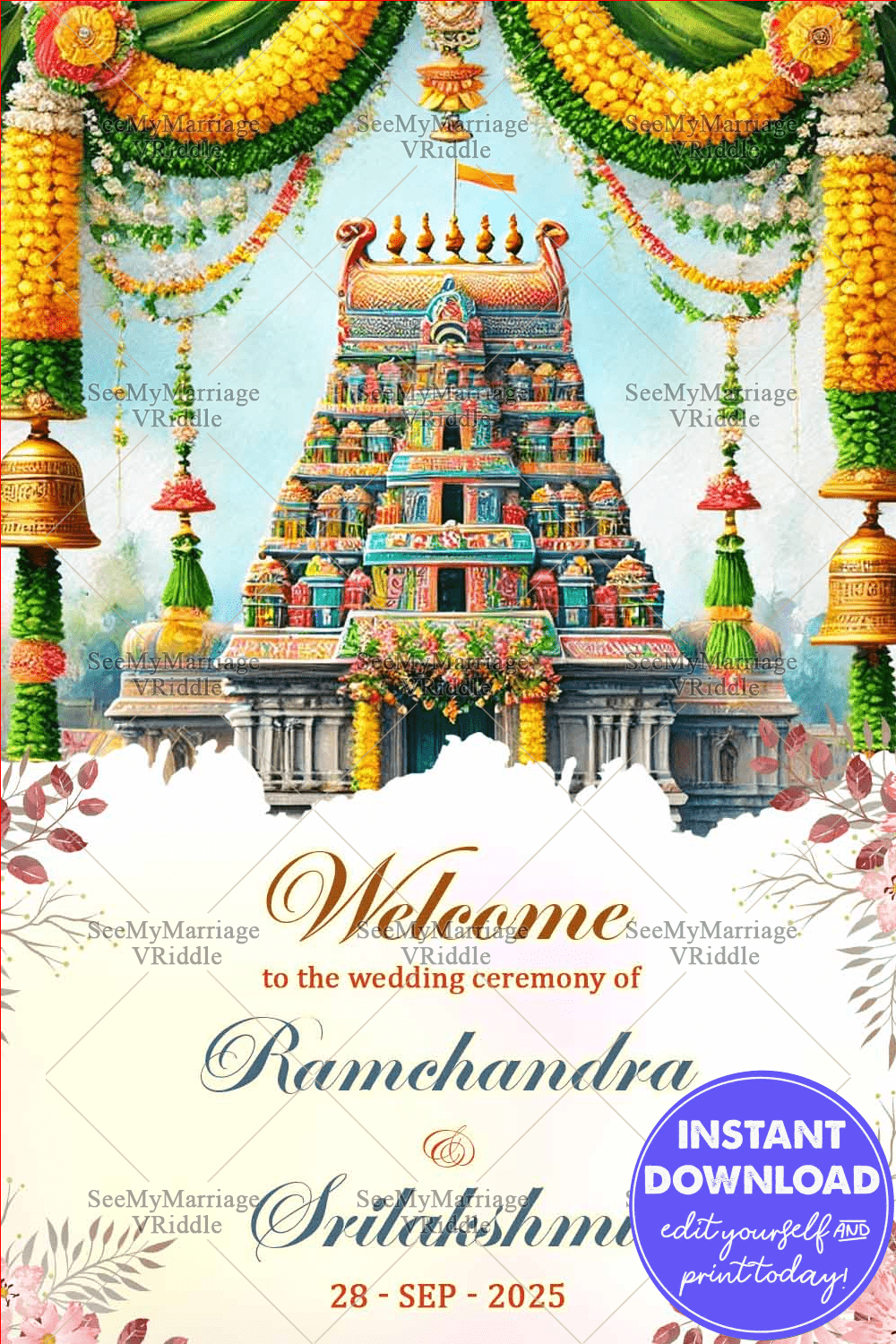 Marigold Garlands Theme Telugu Wedding Ceremony Welcome Poster
