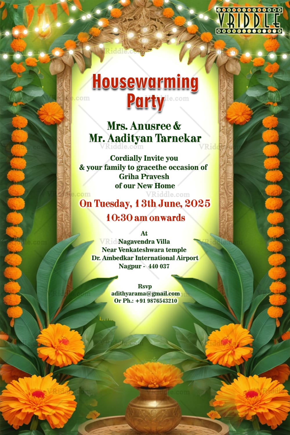 Marigold Magic Housewarming Party Invitation card with String Lights Decor