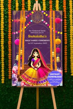 Marigold Swing Theme Half Saree Ceremony Welcome Poster with Purple Background