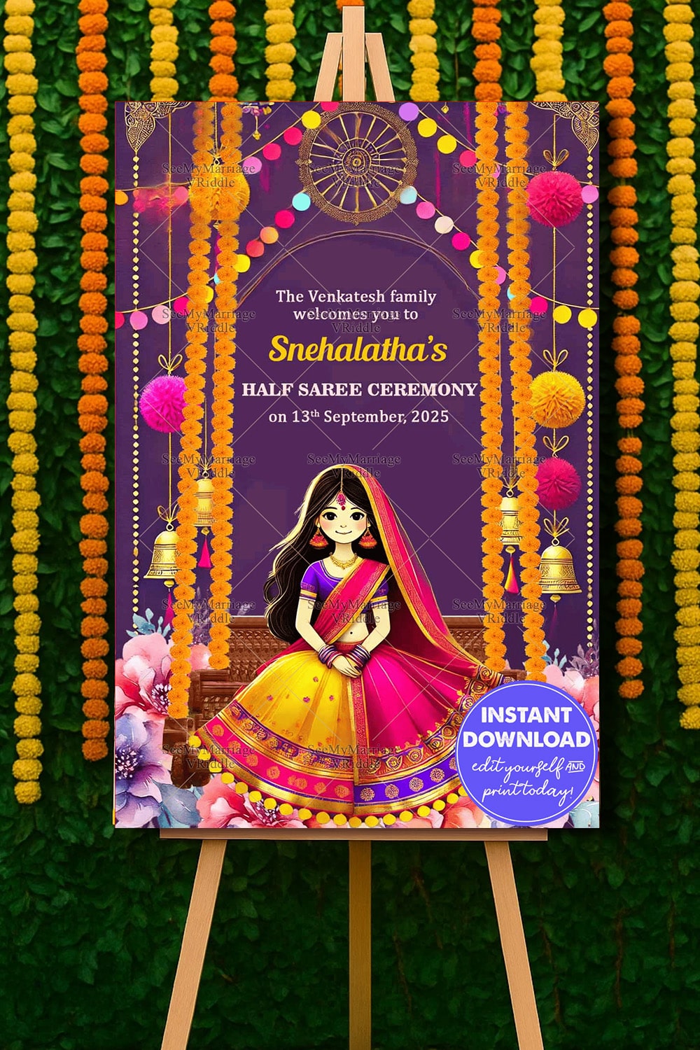 Marigold Swing Theme Half Saree Ceremony Welcome Poster with Purple Background