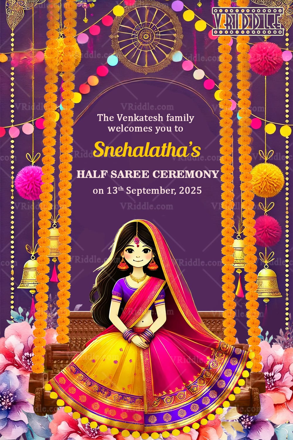 Marigold Swing Theme Half Saree Ceremony Welcome Poster with Purple Background