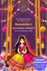 Marigold Swing Theme Half Saree Ceremony Welcome Poster with Purple Background