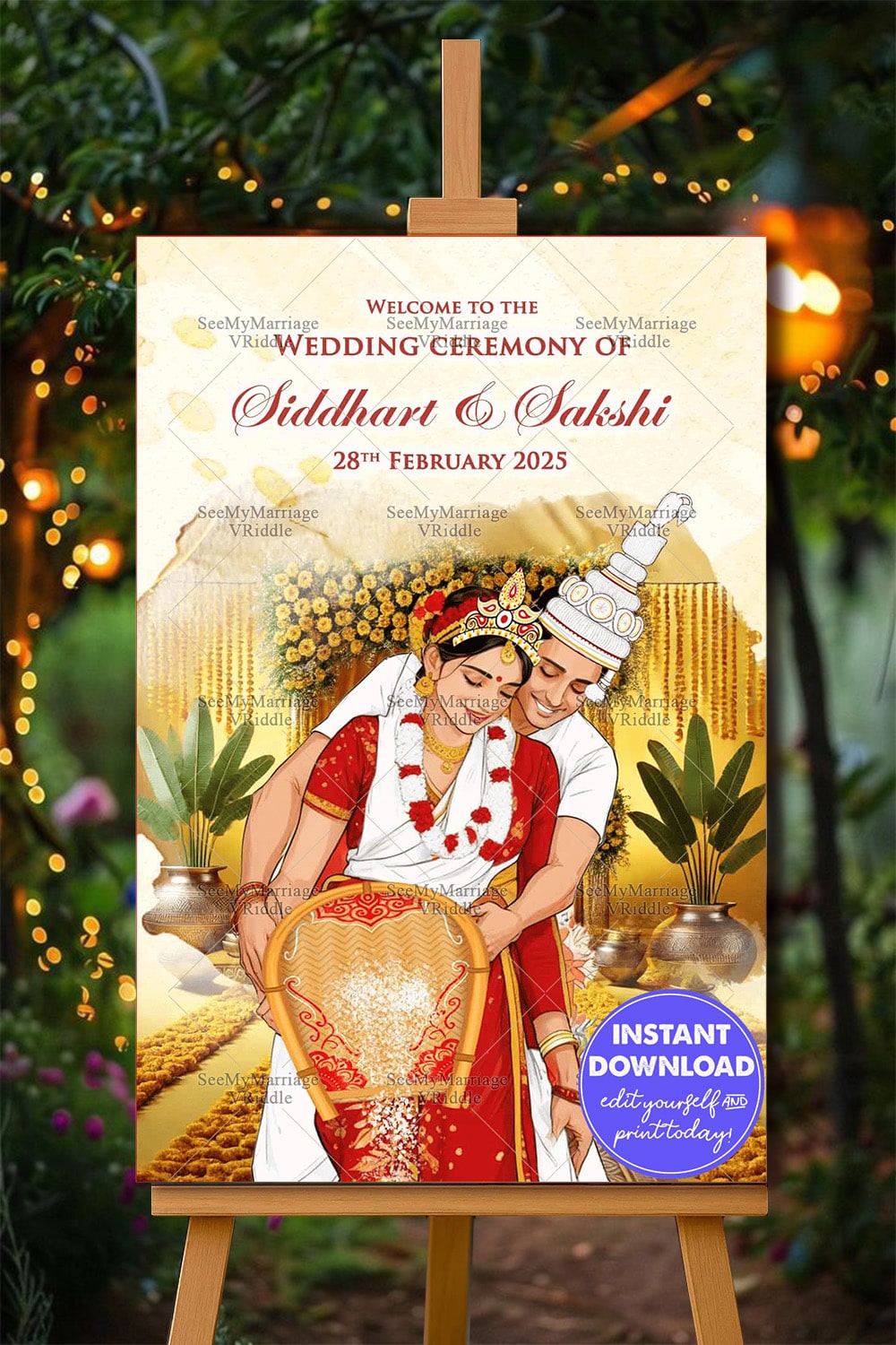Marigold Theme Bengali Wedding Ceremony Welcome Poster with Traditional Couple Illustration